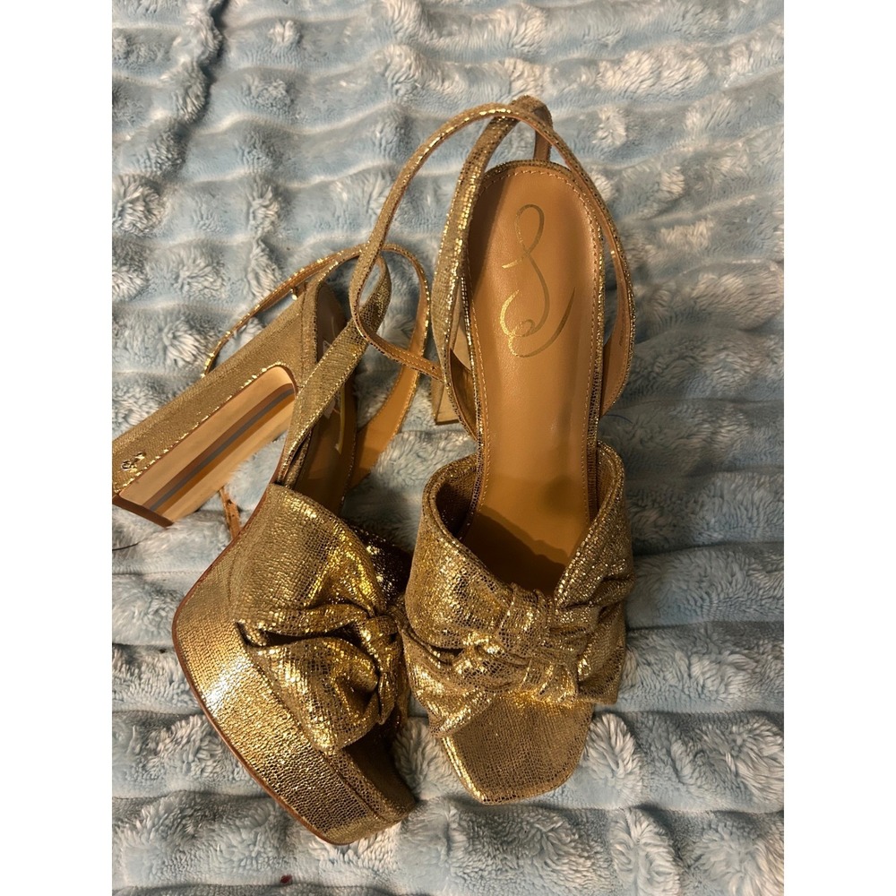 Sam Edelman Gold Bow Heeled Sandals | Metallic Evening Shoes | Size 8.5‎ - Picture 3 of 8